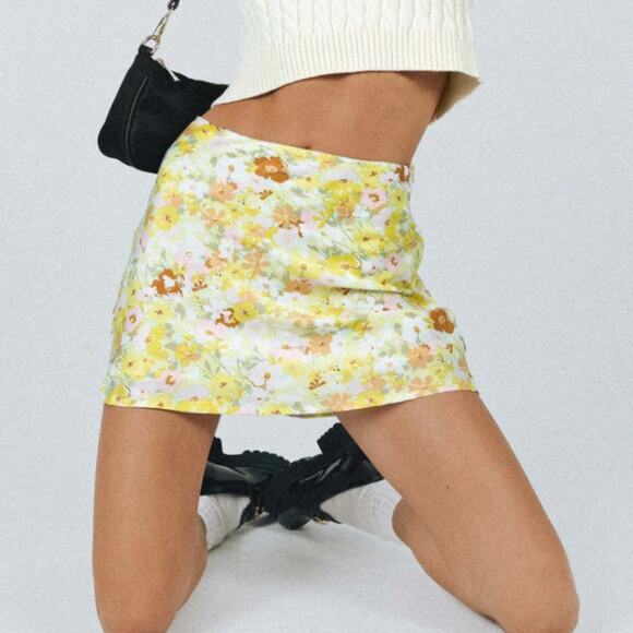 Rumor A-Line Mini Skirt High Waist Floral Print Yellow Multicolor Womens Size 10 - Picture 2 of 10